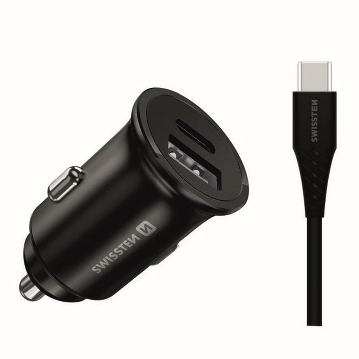 SWISSTEN PUNJAČ ZA AUTO, SAMSUNG SUPER FAST 25W, CRNI + KABEL ZA PUNJENJE USB-C - USB-C-0