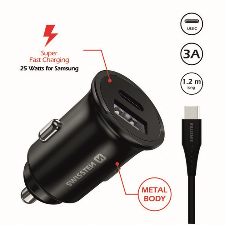 SWISSTEN PUNJAČ ZA AUTO, SAMSUNG SUPER FAST 25W, CRNI + KABEL ZA PUNJENJE USB-C - USB-C-1