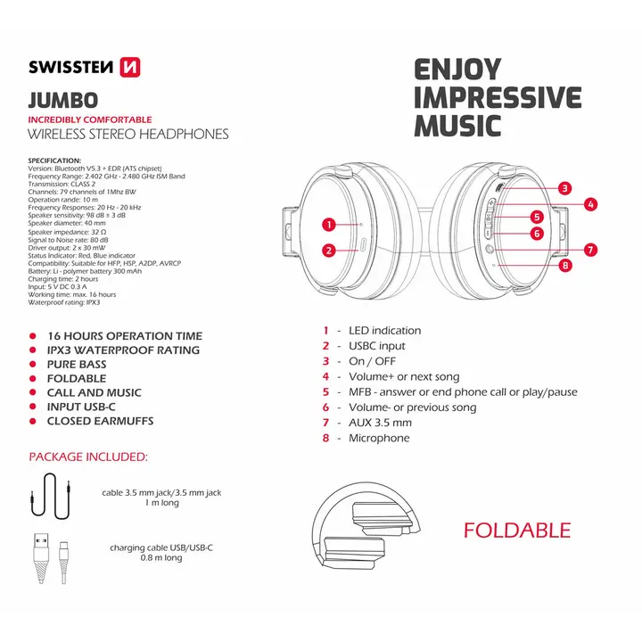 Žičane slušalice SWISSTEN BLUETOOTH, MIKROFON, HANDSFREE, JUMBO-2