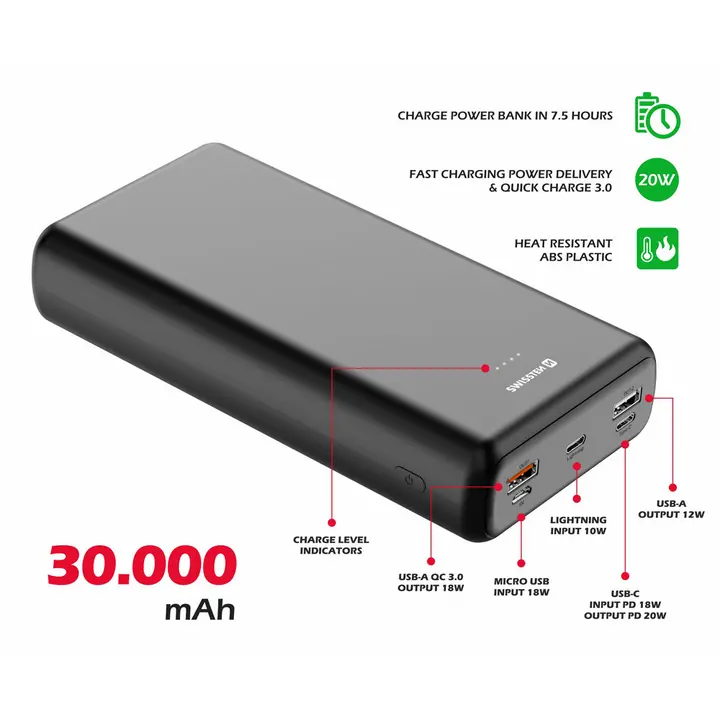 Powerbank Swissten 30000mAh, 20W, PD, QC, svi utori, crna-1