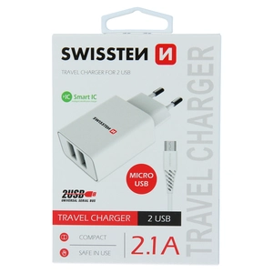 TELEFON SWISSTEN KUĆNI PUNJAČ 2xUSB 2.1A SMART IC BIJELI + MICRO USB