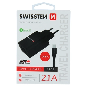 TELEFON SWISSTEN KUĆNI PUNJAČ 2xUSB 2.1A SMART IC CRNI + USB-C
