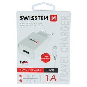 TELEFON SWISSTEN KUĆNI PUNJAČ 1xUSB 1A BIJELI + LIGHTNING KABEL