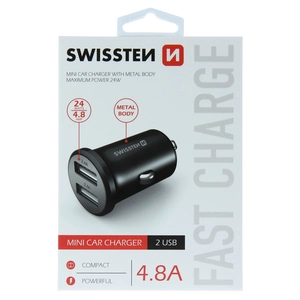 TELEFON SWISSTEN AUTO PUNJAČ METALNI 2xUSB 4.8A CRNI