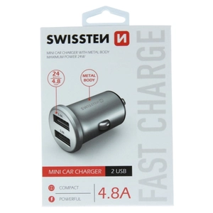 TELEFON SWISSTEN AUTO PUNJAČ METALNI 2xUSB 4.8A SREBRNI