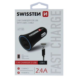 TELEFON SWISSTEN AUTO PUNJAČ 2xUSB 2.4A CRNI + USB-C
