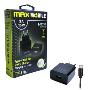MAXMOBILE KUĆNI PUNJAČ SET 2U1 QC 3.0 QUICK CHARGE USB+ TYPE C, 3A,18W CRNI