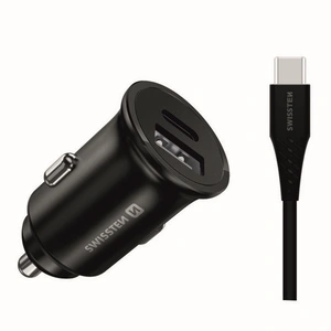 SWISSTEN PUNJAČ ZA AUTO, SAMSUNG SUPER FAST 25W, CRNI + KABEL ZA PUNJENJE USB-C - USB-C